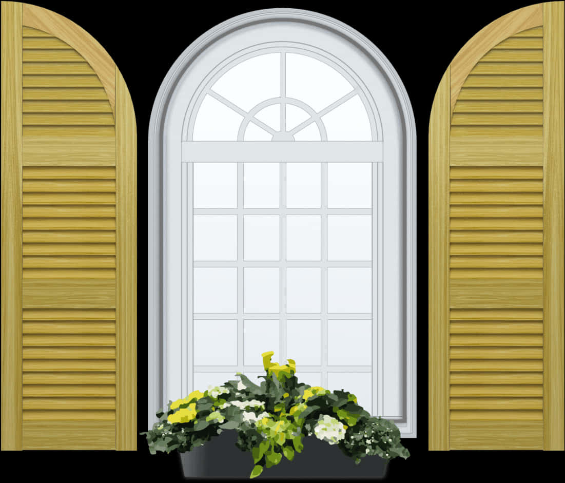 Arched Window With Shuttersand Flowers PNG Image