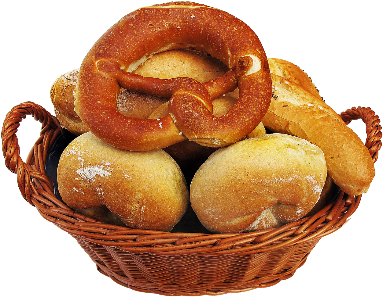 Assorted Bakery Basket Pretzel Bread Rolls PNG Image