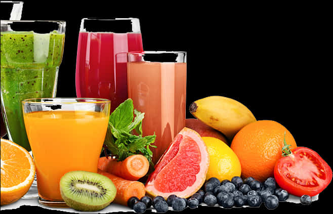 Assorted Fruit Juicesand Fresh Fruits PNG Image