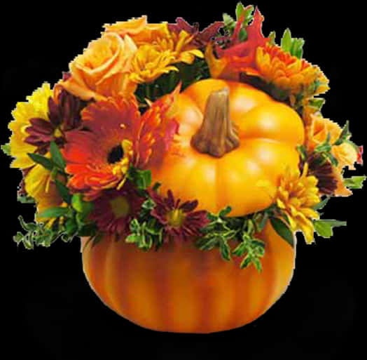 Autumn Pumpkin Flower Arrangement PNG Image