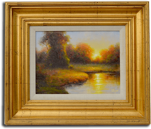 Autumn Sunset River Landscape Painting PNG Image