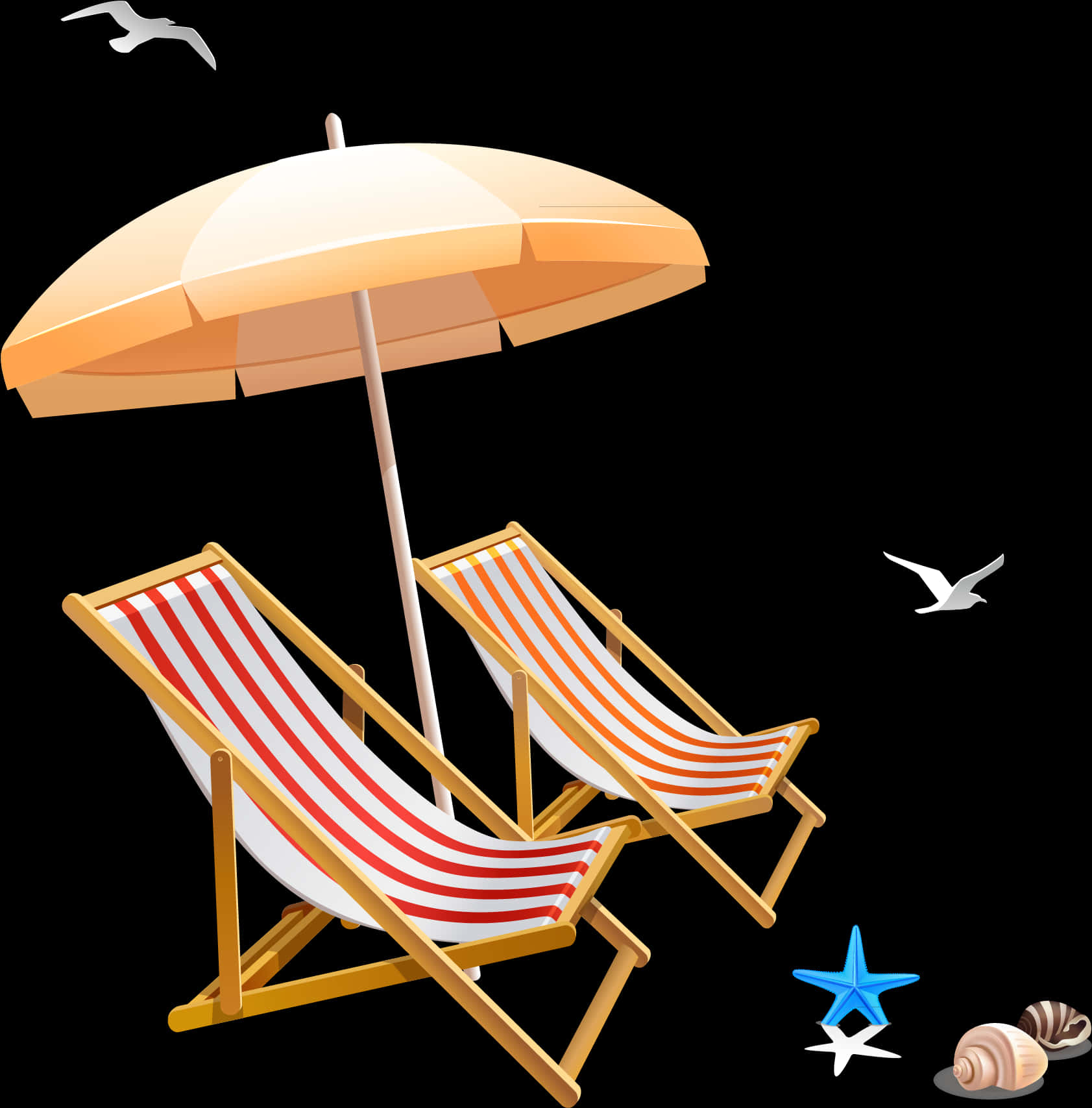 Beach Umbrellaand Deck Chairs PNG Image