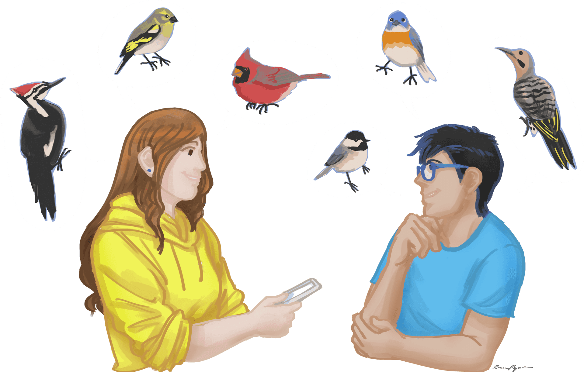 Birdwatching_ Conversation_ Illustration PNG Image