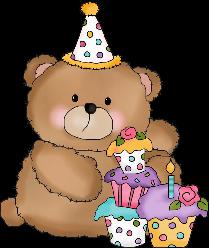 Birthday Bear With Cupcakesand Hat PNG Image