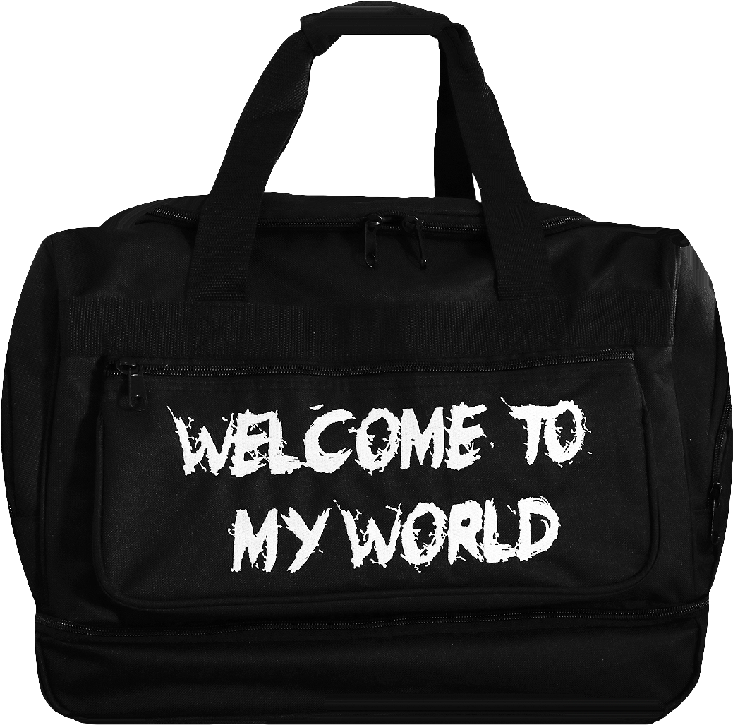 Black Duffle Bag Welcome To My World Print PNG Image