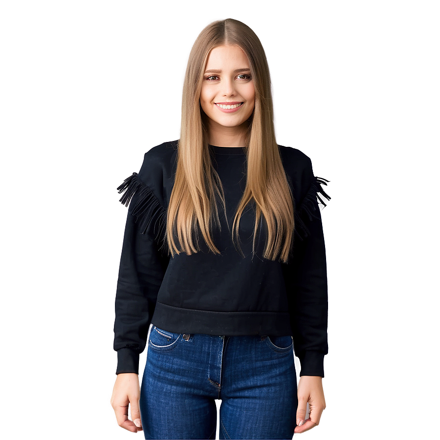 Black Sweatshirt With Fringe Trim Png Sdn79 PNG Image