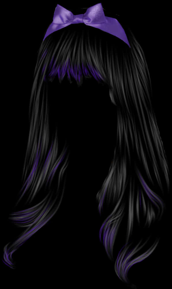 Black Wigwith Purple Bow PNG Image