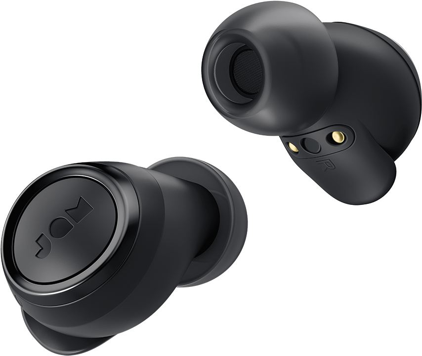 Black Wireless Earbuds Product Showcase PNG Image