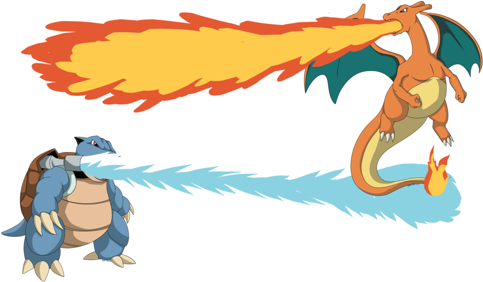 Blastoise Versus Charizard Battle PNG Image