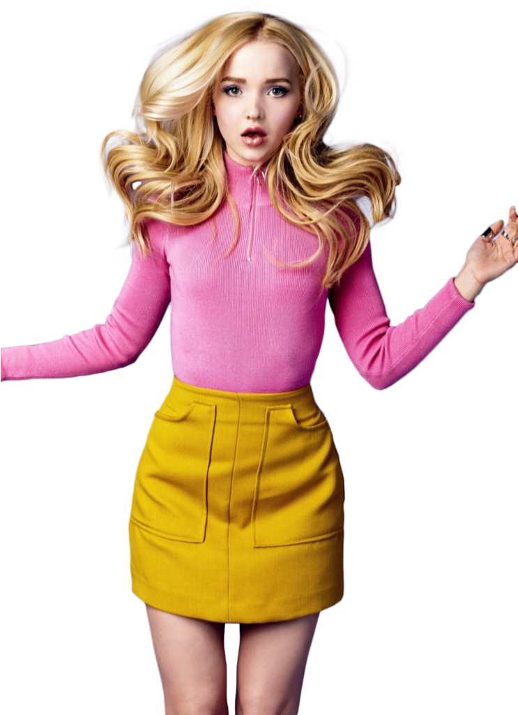 Blonde Woman Pink Sweater Yellow Skirt PNG Image