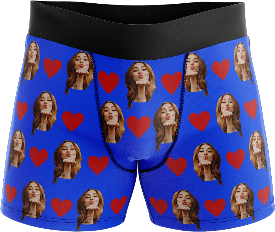 Blue Boxer Briefswith Faceand Hearts Print PNG Image