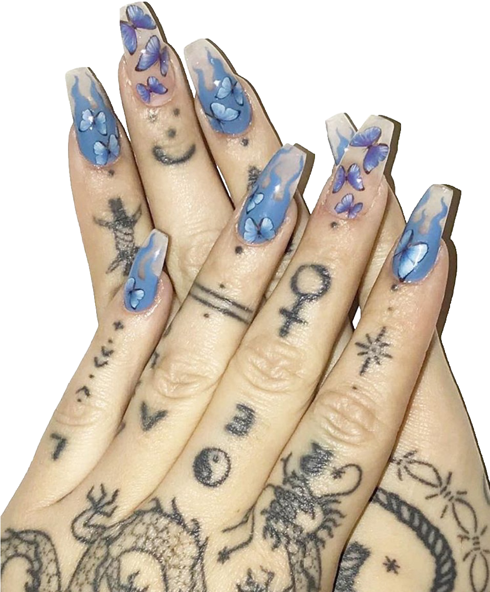 Blue Feather Nail Art Tattooed Hands PNG Image