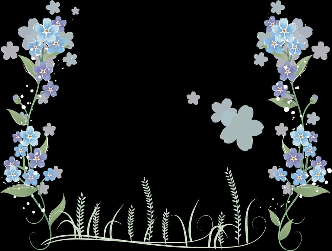 Blue Floral Frame Black Background PNG Image