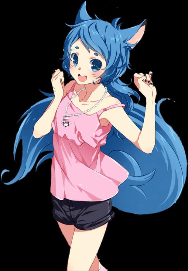 Blue Haired Anime Girlwith Fox Ears PNG Image