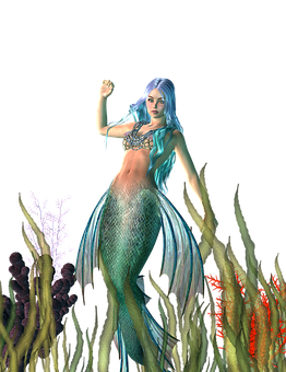 Blue Haired Mermaid Underwater PNG Image