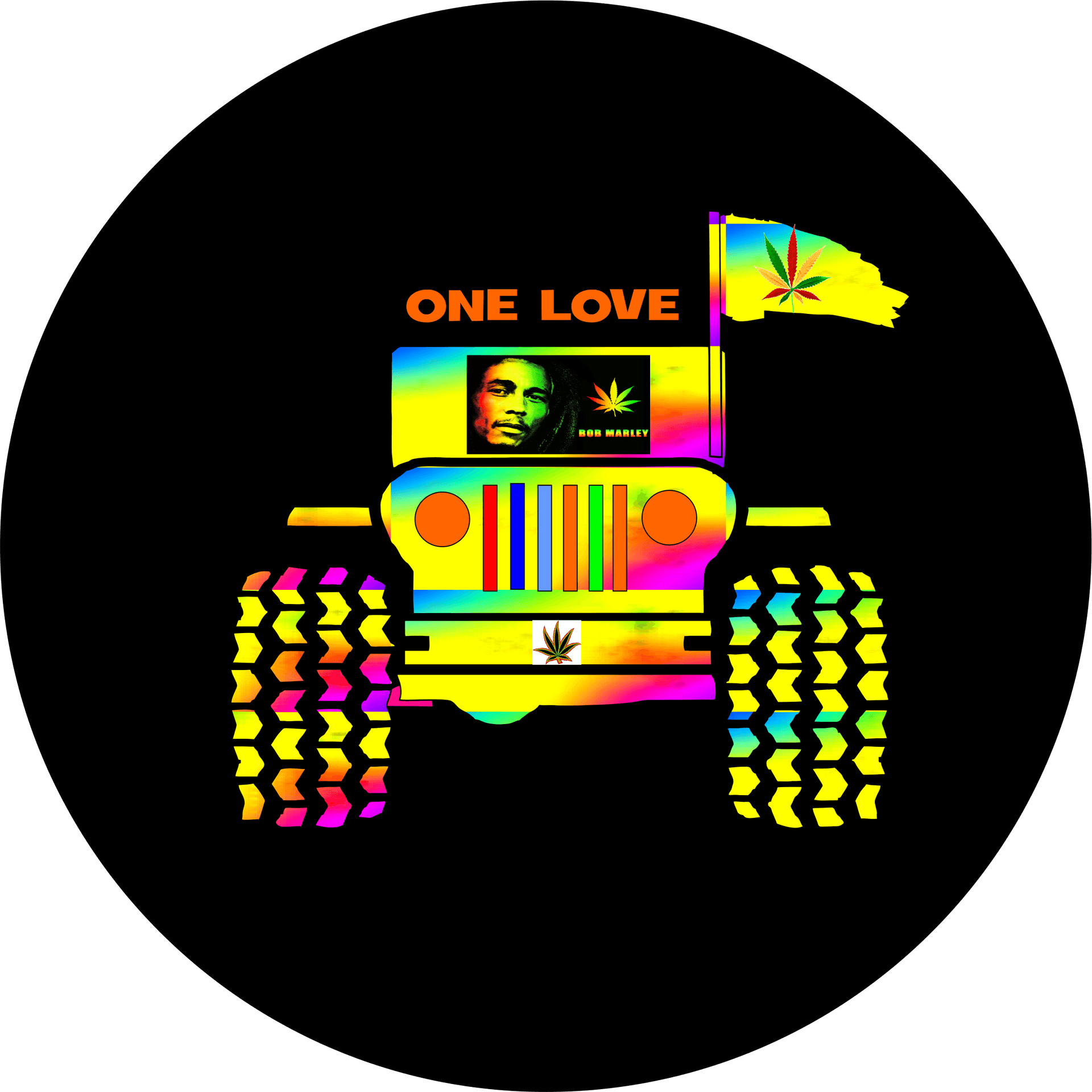 Bob Marley One Love Colorful Jeep Illustration PNG Image