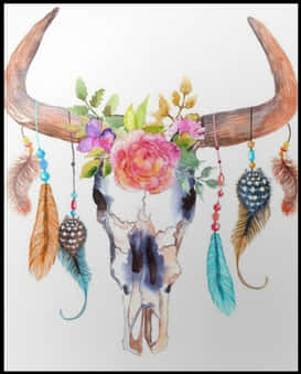 Bohemian Skullwith Flowersand Feathers PNG Image