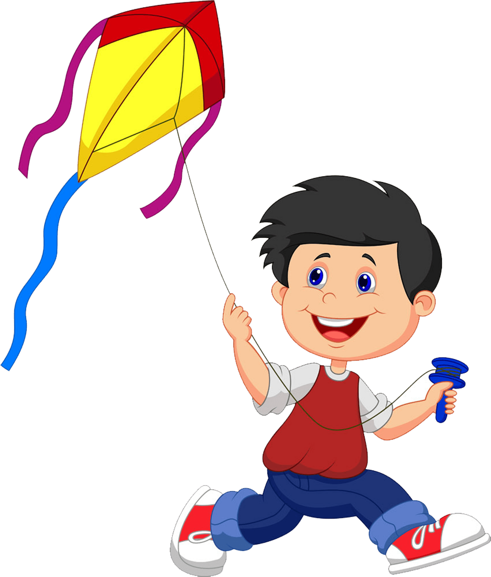 Boy Flying Kite Cartoon PNG Image