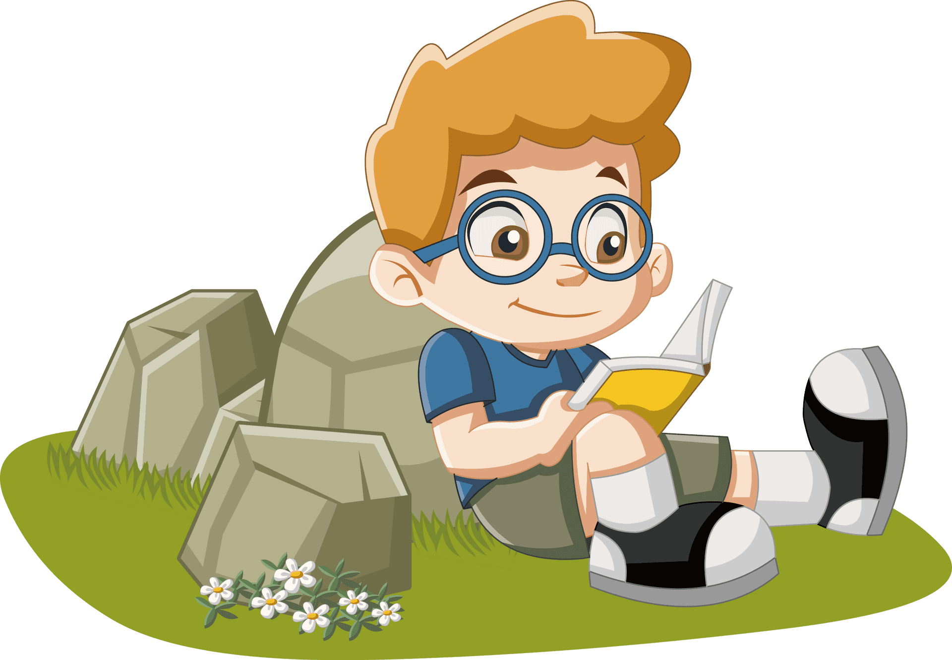 Boy Reading Book Outdoors PNG Image