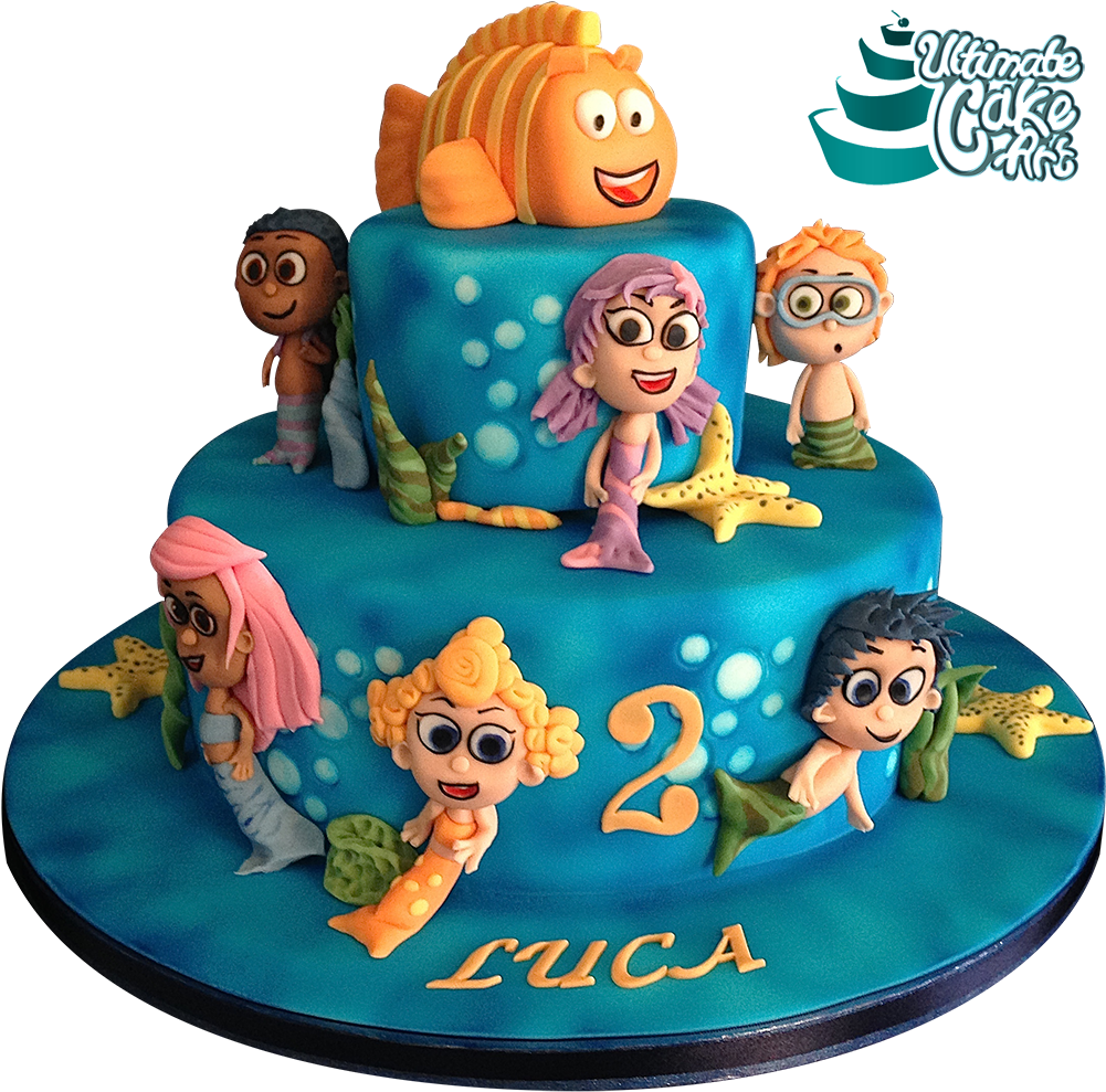 Bubble Guppies Themed Birthday Cake PNG Image