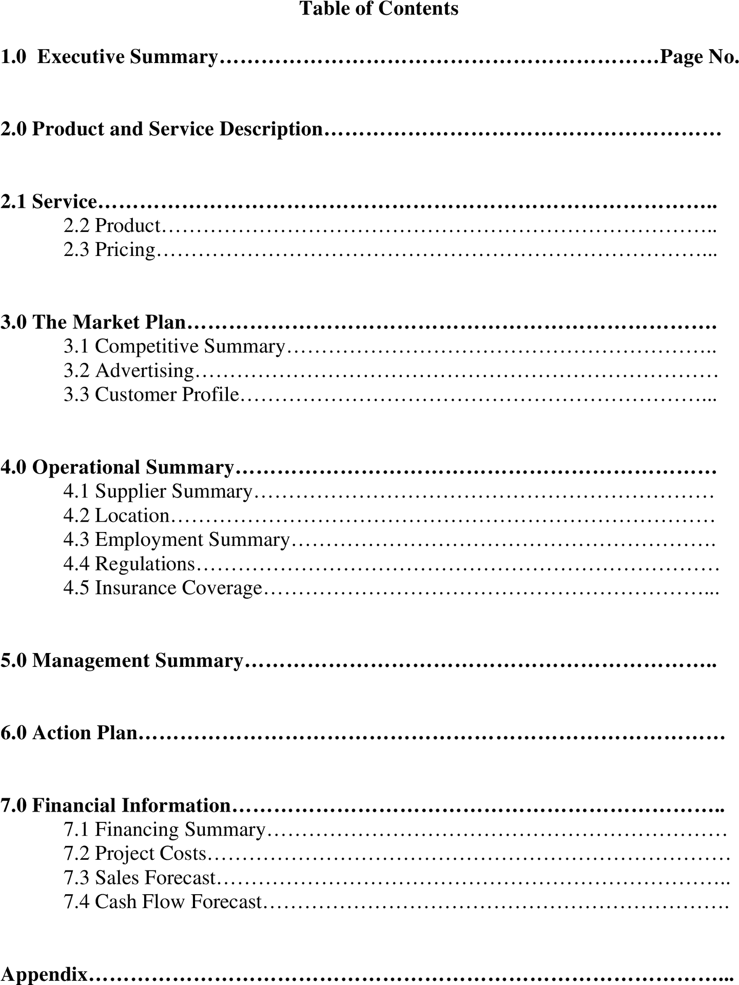 Business Plan Tableof Contents PNG Image