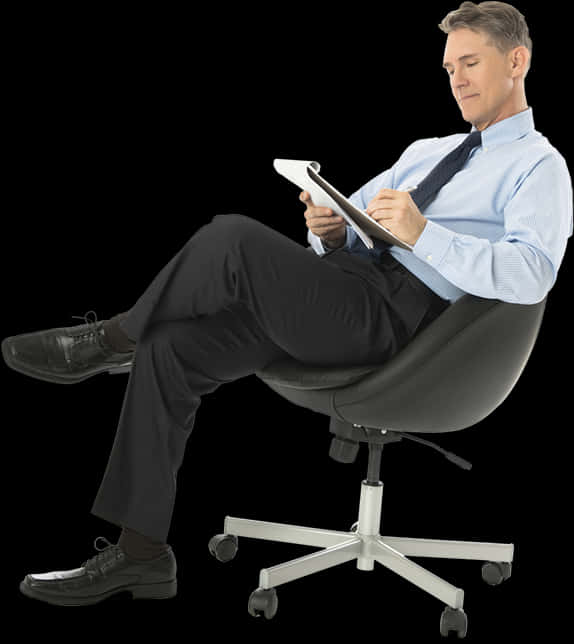 Businessman Relaxingin Office Chairwith Tablet PNG Image