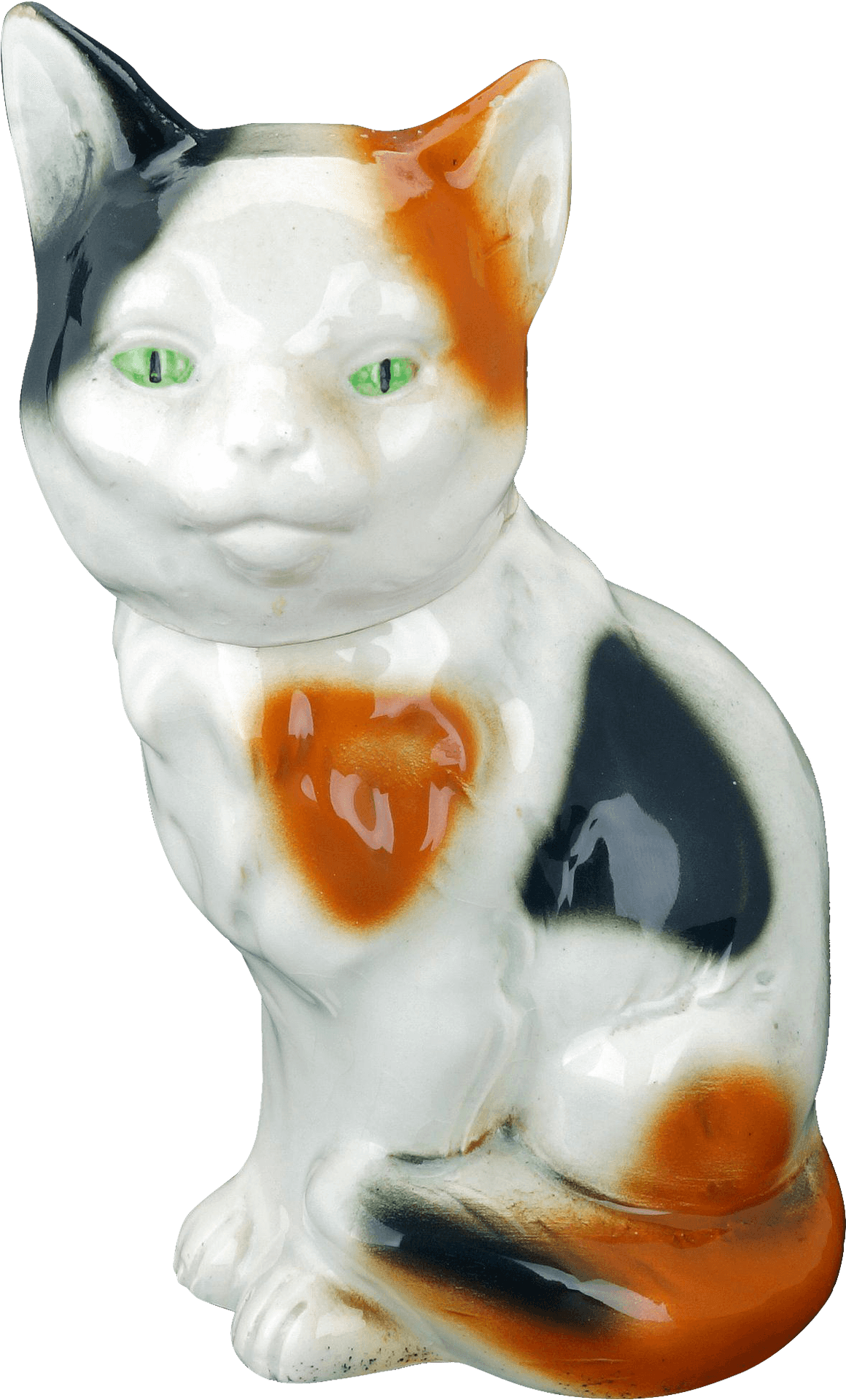 Calico Cat Figurine Green Eyes PNG Image