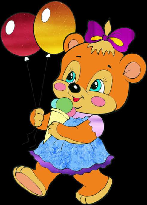 Cartoon Bear With Balloonsand Ice Cream PNG Image