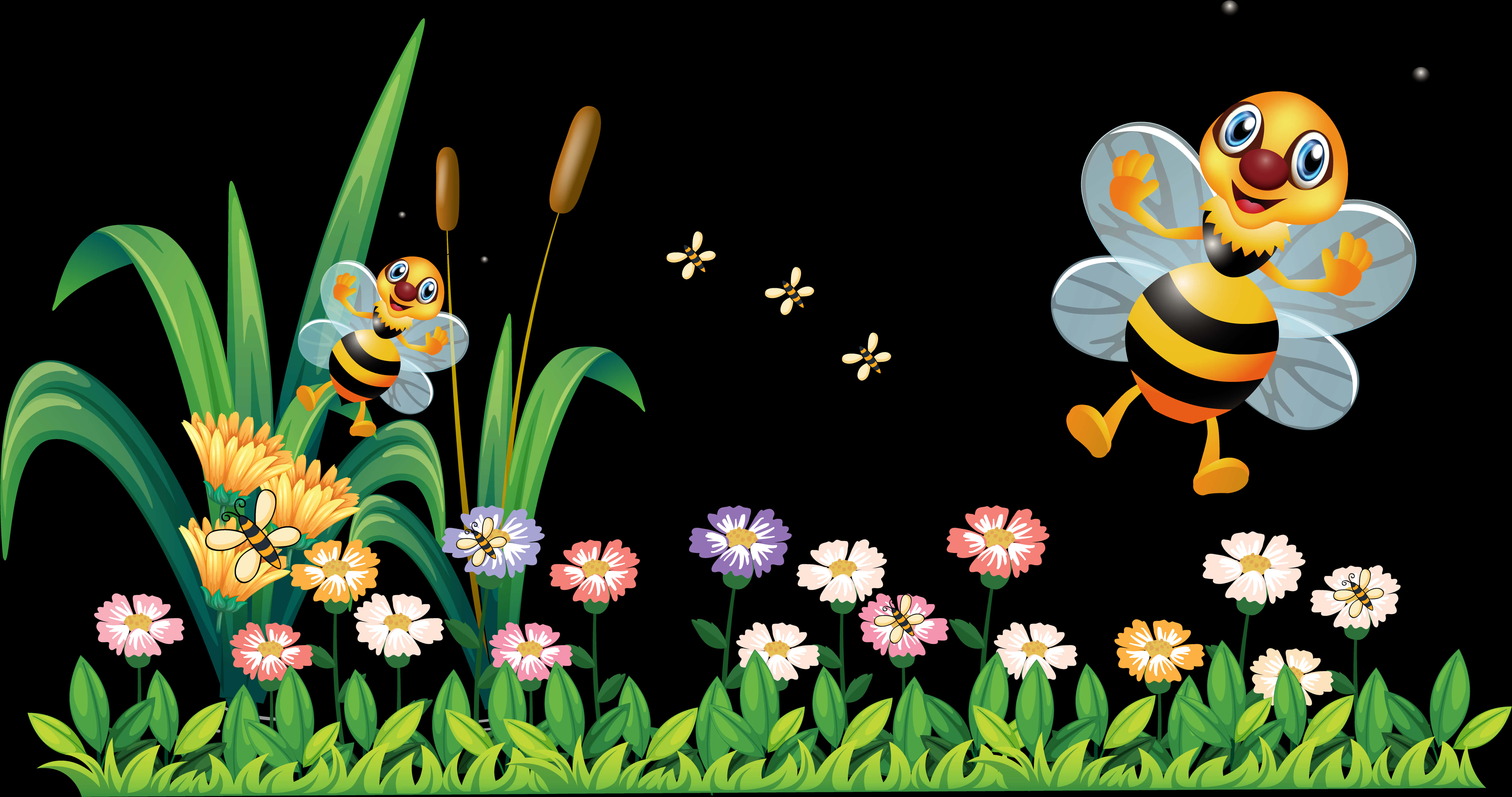 Cartoon Beesin Flower Garden PNG Image