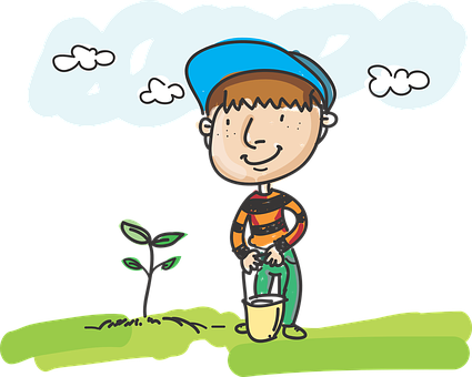 Cartoon Boy Planting Tree PNG Image