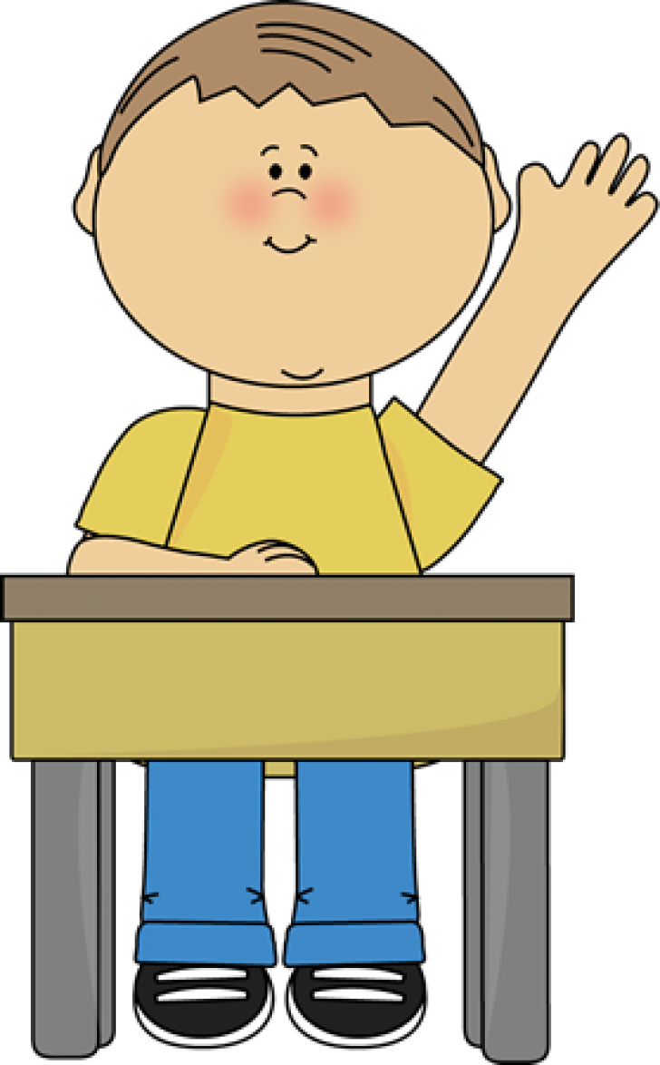 Cartoon Child Raising Handat Desk PNG Image