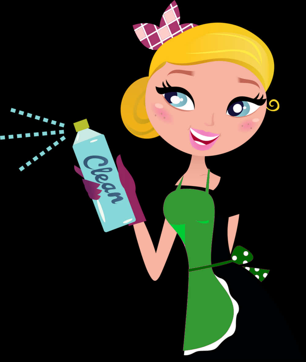 Cartoon Cleaning Lady Spray Bottle PNG Image