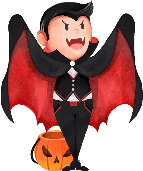 Cartoon Draculawith Halloween Pumpkin Bucket PNG Image