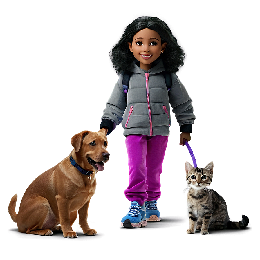 Cartoon Girl With Pets Png Pdn PNG Image