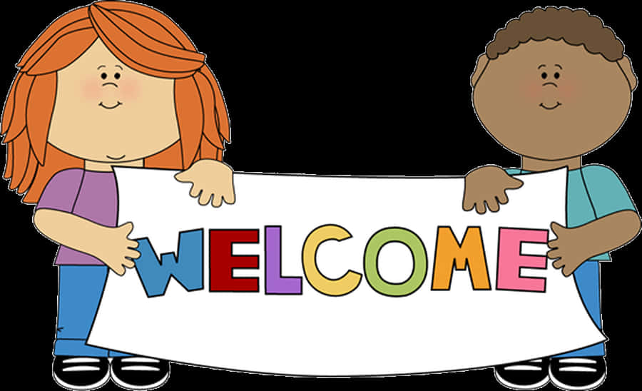 Cartoon Kids Holding Welcome Sign PNG Image