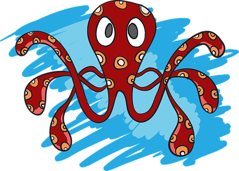 Cartoon Octopus Surfing Wave PNG Image