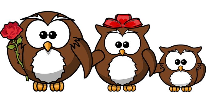 Cartoon Owl Family With Flowerand Bow PNG Image