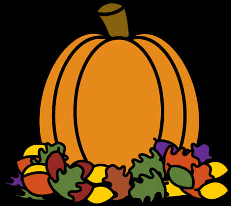 Cartoon Pumpkinand Autumn Leaves PNG Image