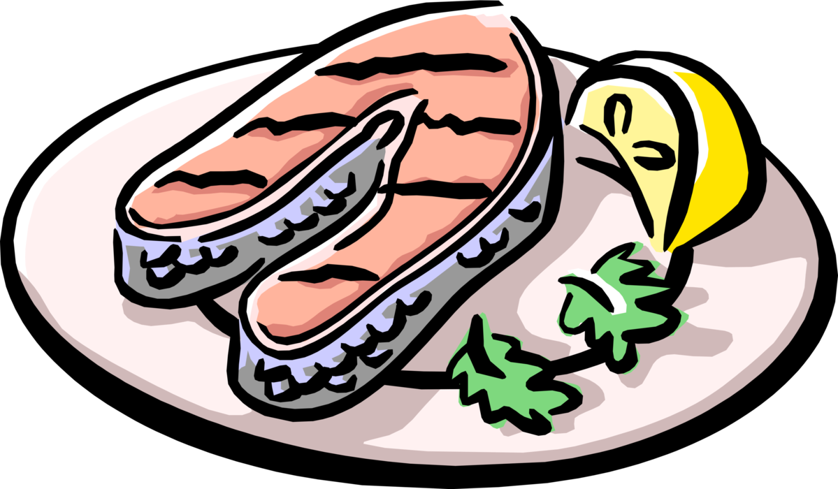 Cartoon Salmon Steakson Plate PNG Image