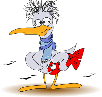 Cartoon Seagullwith Fish Character PNG Image