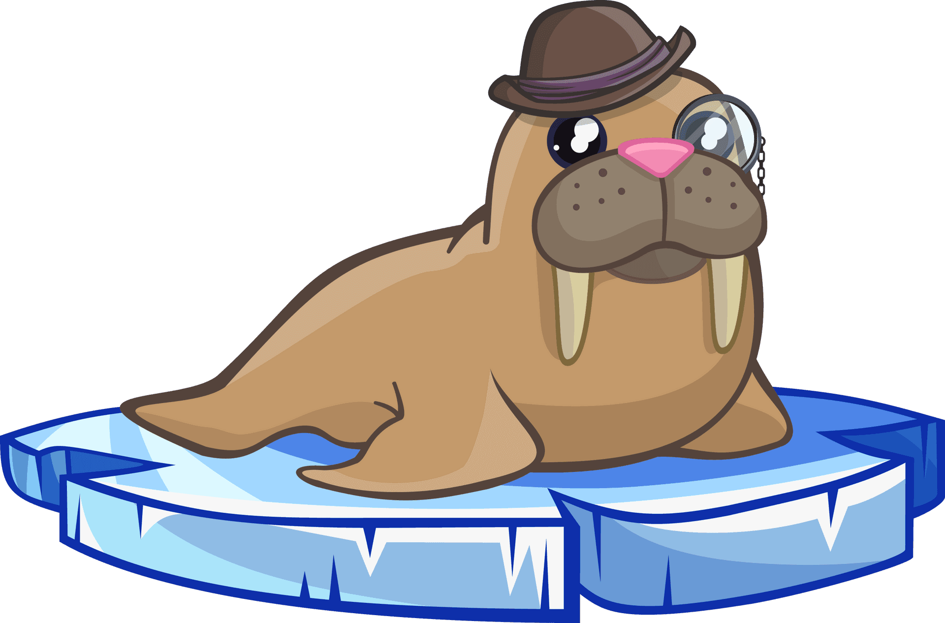 Cartoon Walruswith Haton Iceberg PNG Image