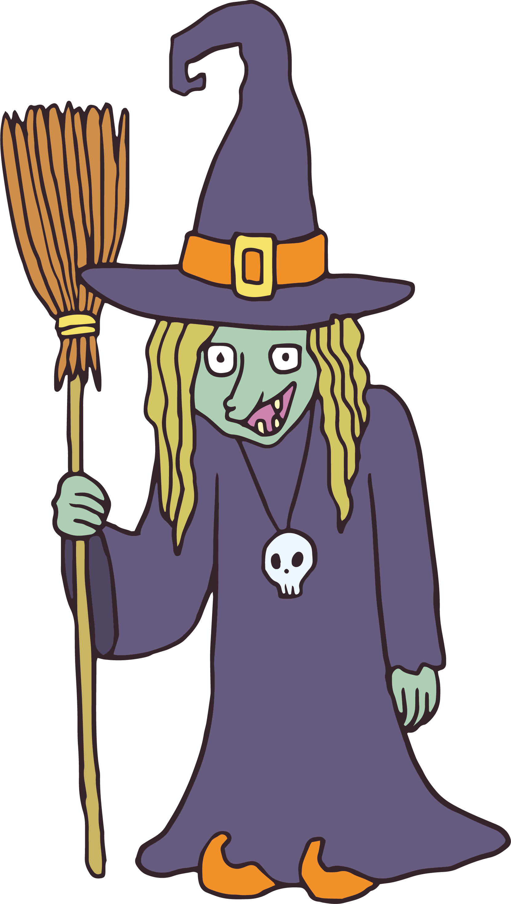 Cartoon Witchwith Broomand Skull Accessory PNG Image