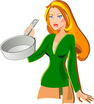 Cartoon Woman Holding Frying Pan PNG Image