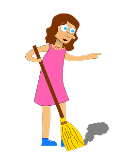 Cartoon Woman With Broom Pointing PNG Image