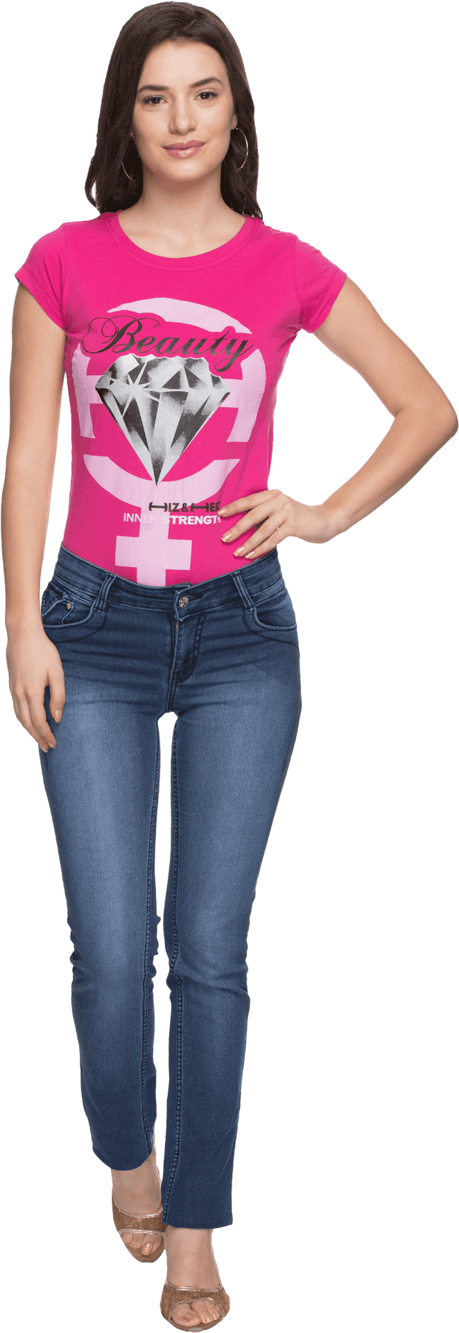 Casual Fashion Model Pink Tshirt Jeans PNG Image