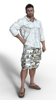 Casual Man White Shirt Camouflage Shorts PNG Image