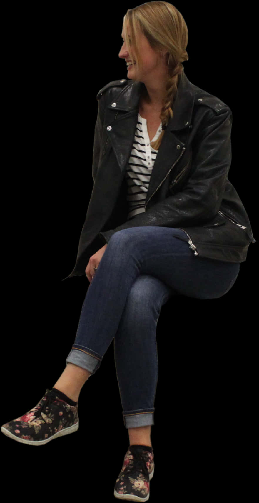 Casual Woman Sittingin Leather Jacket PNG Image