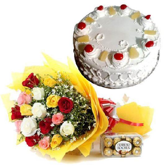 Celebration Cake Bouquet Chocolates Combo PNG Image