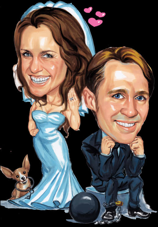 Celebrity Couple Caricaturewith Pet PNG Image