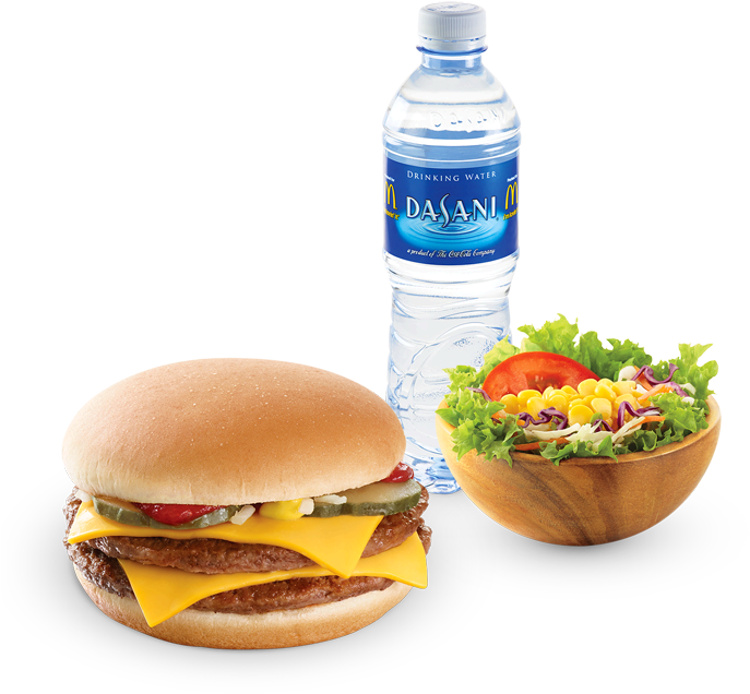 Cheeseburger Meal Combo Water Bottle Salad PNG Image